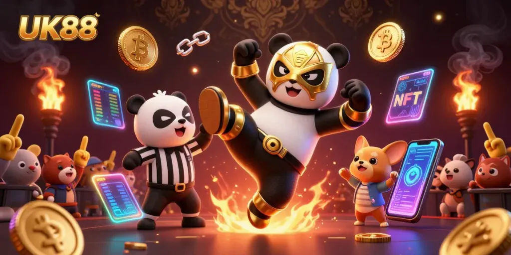 Experience thrilling action with UK88 as a panda wrestler delivers a kick, surrounded by vibrant casino elements.