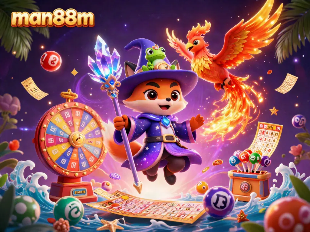 Experience thrilling gameplay at man88m with a magical wizard fox, lottery balls, and casino excitement!