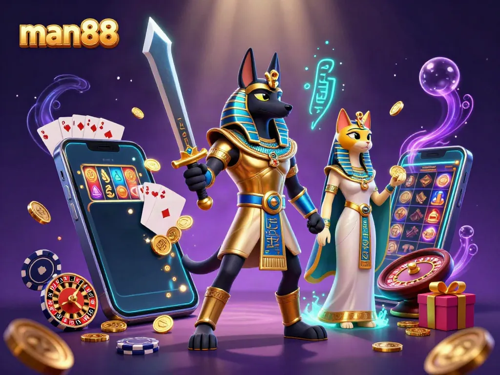 Experience thrilling gameplay with man88, featuring Anubis and Bastet amid vibrant casino elements.
