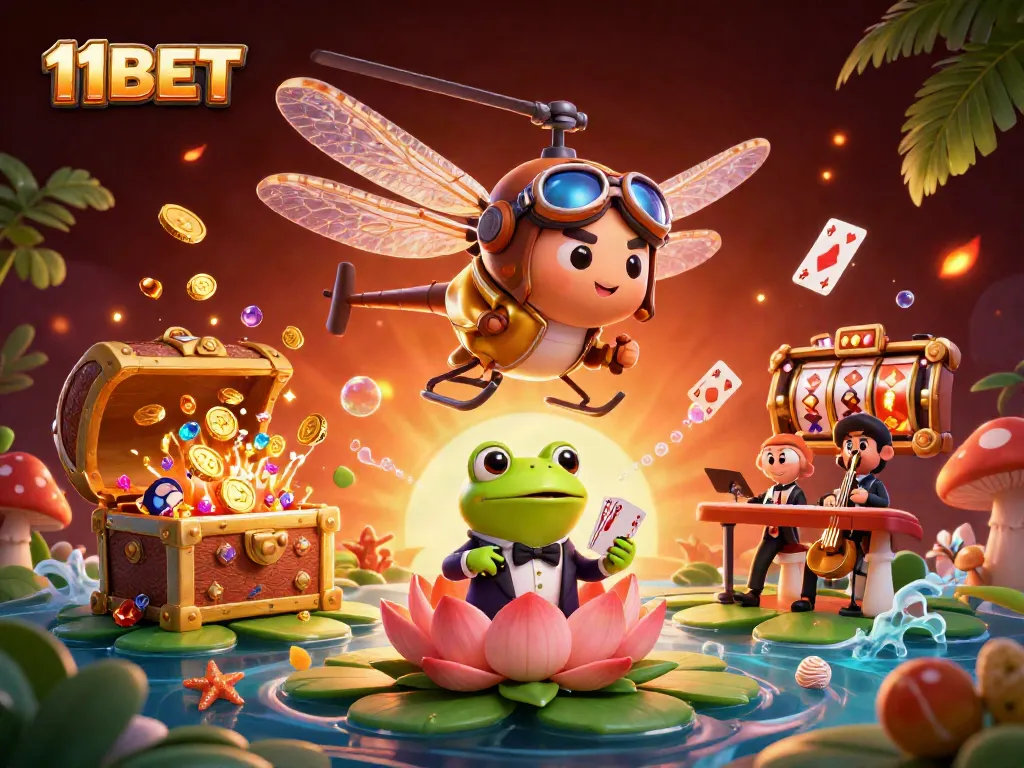 Engage with 11BET's exciting casino action through a vibrant 3D illustration of a dragonfly pilot and a frog croupier.