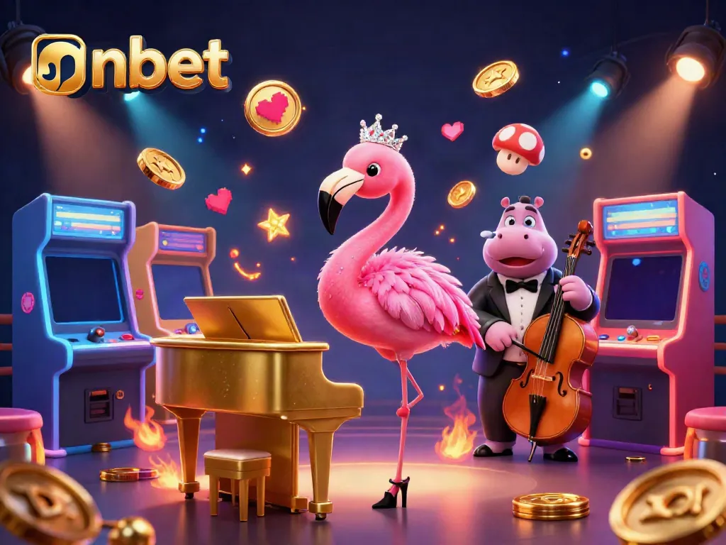 Experience the excitement of nbet with a vibrant 3D casino scene featuring a singing flamingo and jazzy hippo.