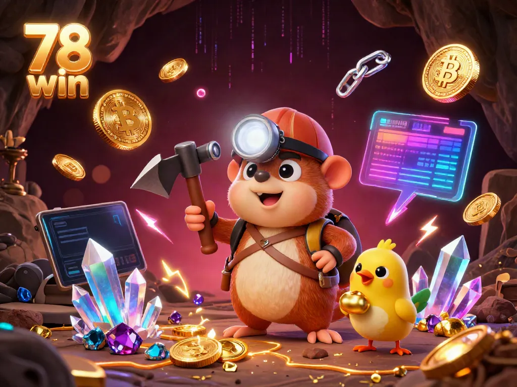 Experience the thrilling world of 78 win with a treasure hunter mining golden gems in a vibrant casino scene.