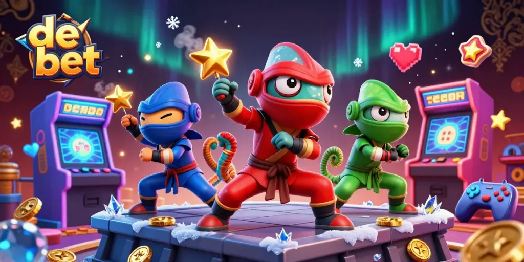 Engage with thrilling gameplay at de bet with a vibrant 3D casino-themed illustration.