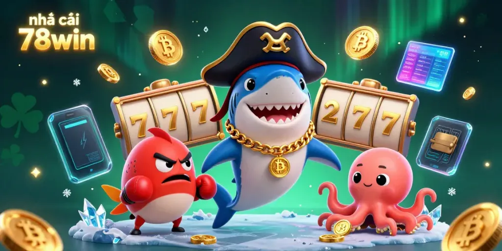 Engage with nhà cái 78win in a vibrant 3D scene featuring a pirate shark, pufferfish, and octopus amidst casino elements.