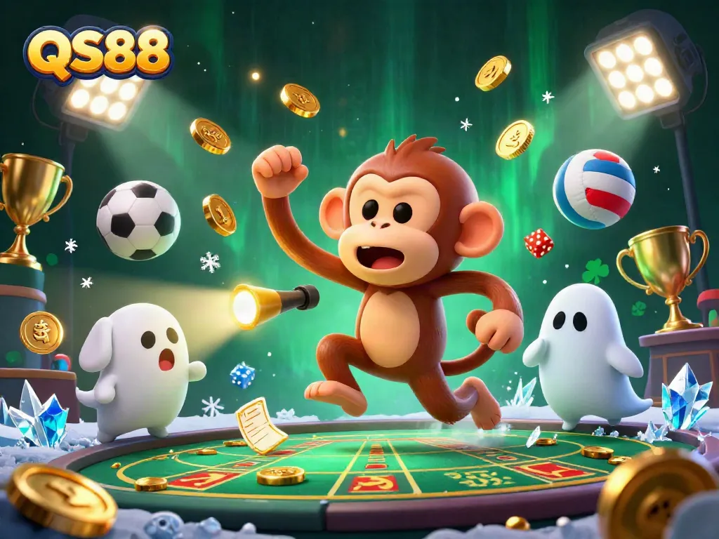 Experience thrilling gaming dynamics at QS88 with a mischievous ghost monkey juggling in a haunted casino scene.
