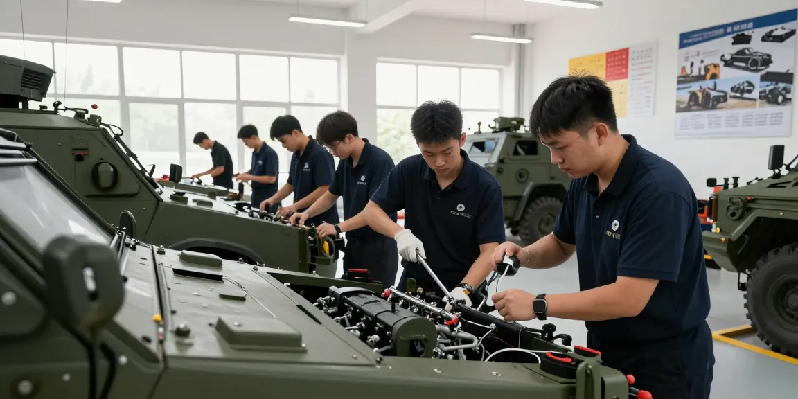 Hands-on vehicle maintenance training at https://88m.lifestyle/, showcasing young adults collaborating with military vehicles and tools.