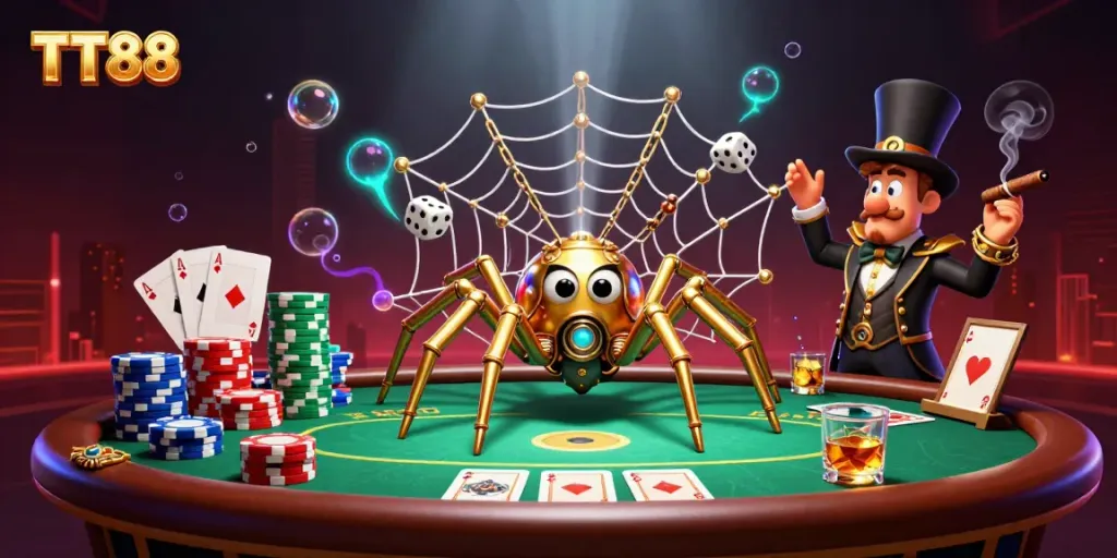 Engaging illustration of TT88 showing a whimsical spider creating a web of golden chains and poker chips, enhancing the gambling atmosphere.