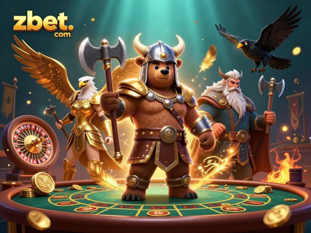 Experience the thrill of casino games with zbet. com’s vibrant 3D illustration showcasing Viking-themed characters alongside roulette and baccarat elements.