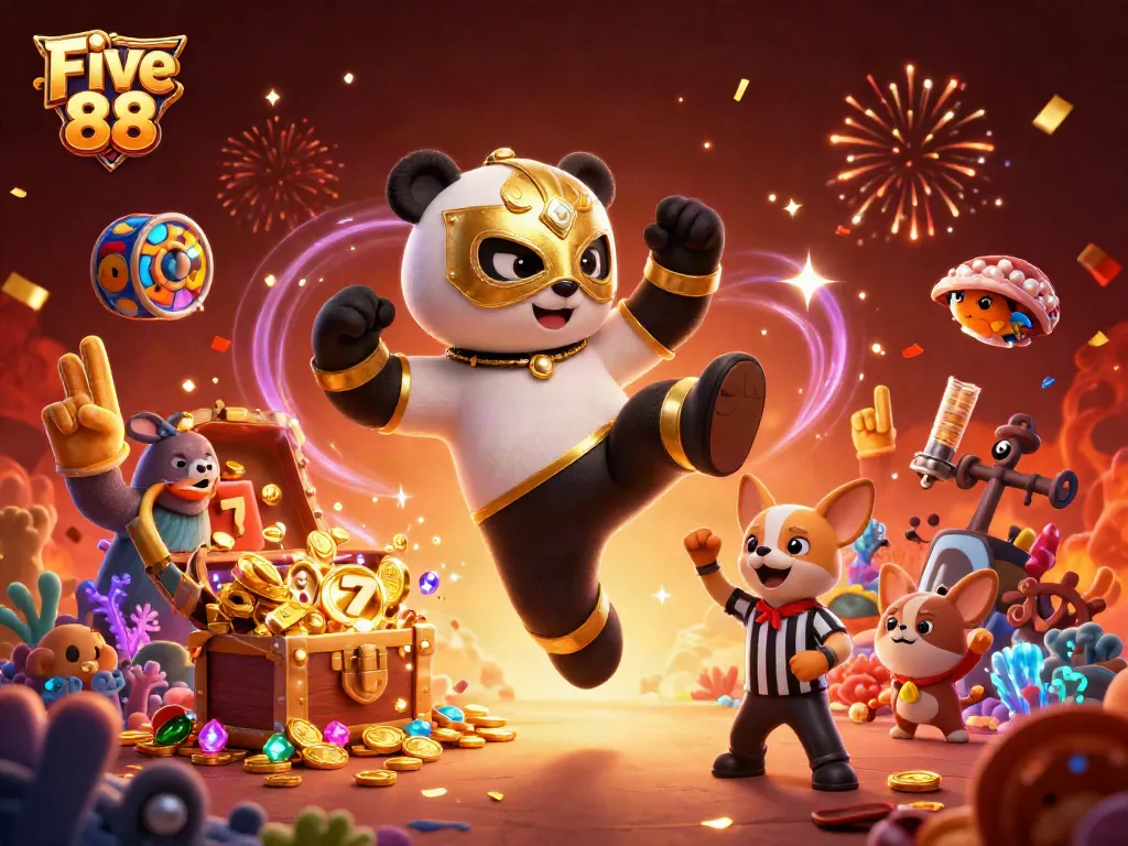 Experience thrilling gameplay at Five 88 with the panda wrestler in action, showcasing vibrant casino elements.