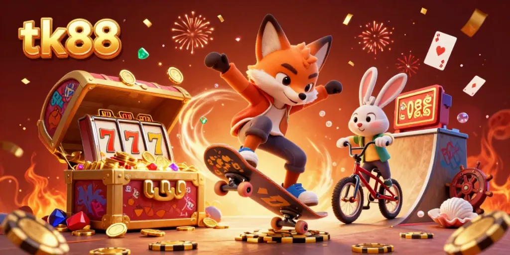 Engaging tk88 casino scene illustrating a skateboarder fox performing tricks over golden poker chips with vibrant casino imagery.