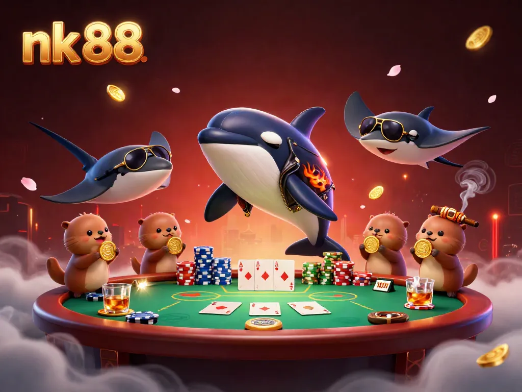 Enjoy thrilling gameplay at nk 88 with an orca in a leather jacket jumping over poker elements.