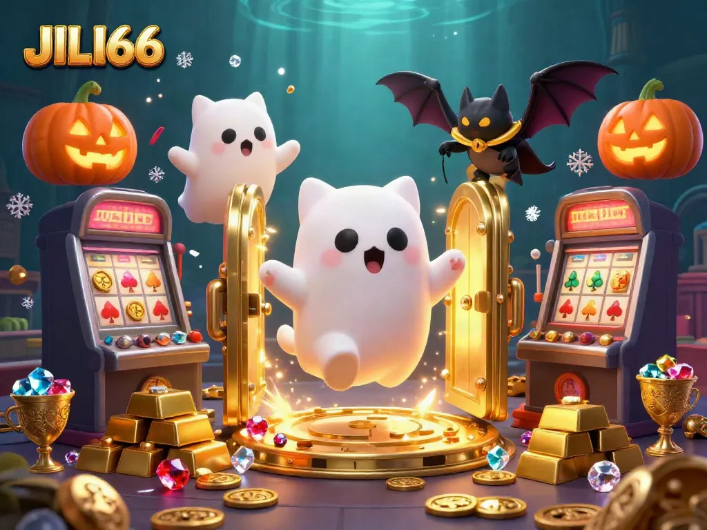 Experience the thrilling world of JILI66 with a ghost cat and vampire bat in a vibrant casino scene.
