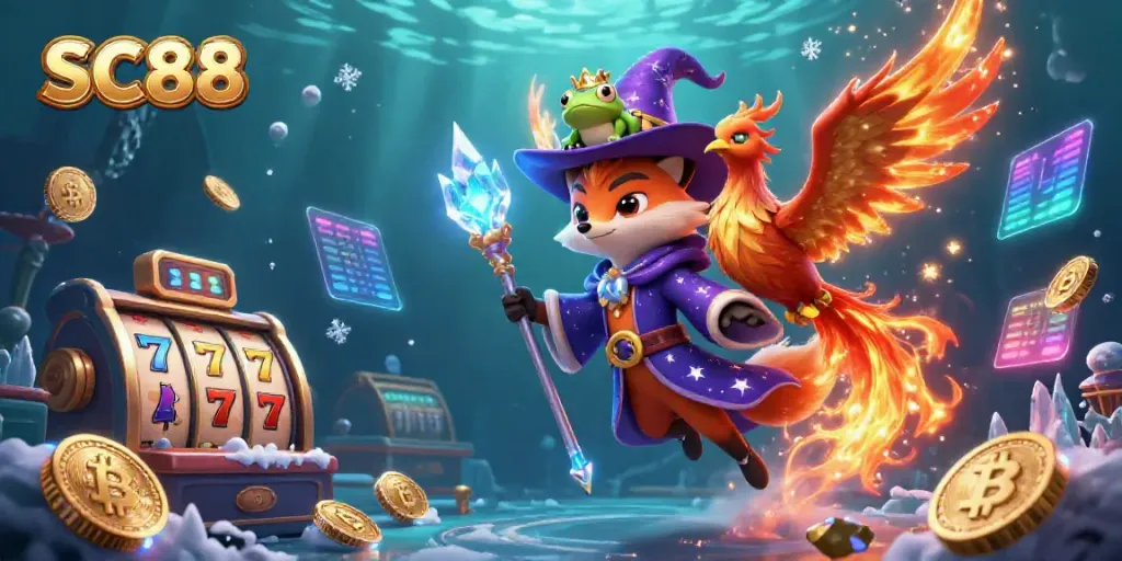 Engage in SC88 casino magic with a wizard fox and phoenix in a vibrant slot atmosphere.