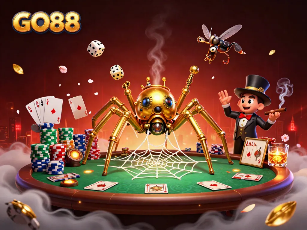 Experience GO88's thrilling casino world, where a golden spider web captures the excitement of poker and steam-powered odds.