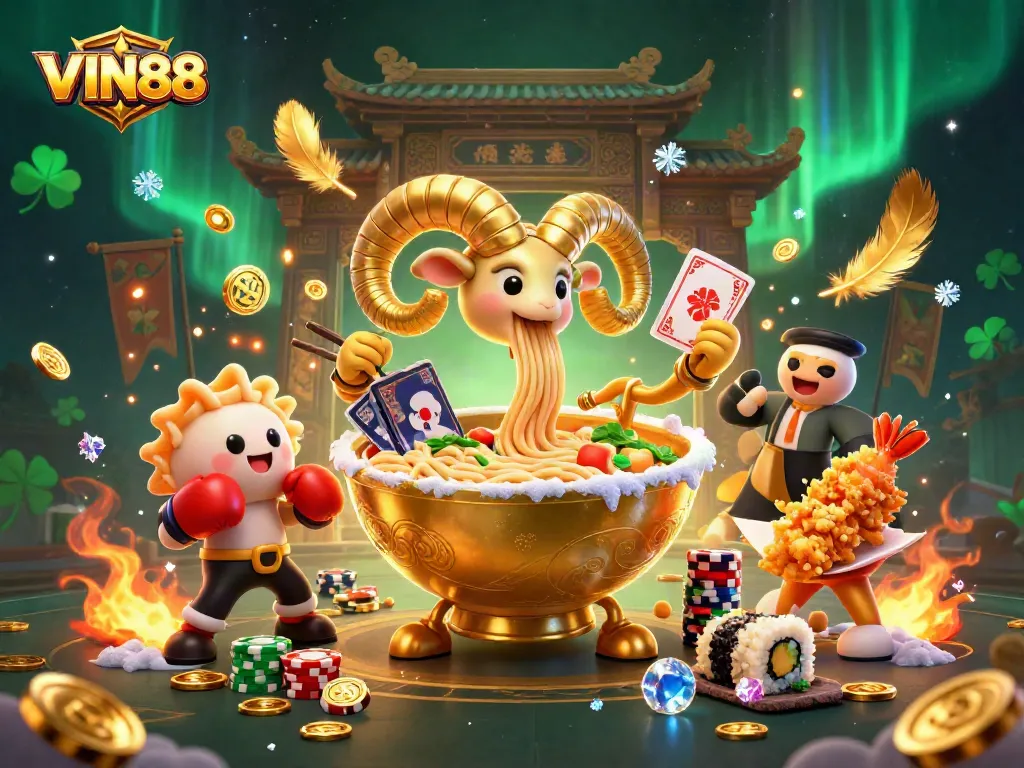 Engage in thrilling casino adventures with the vibrant VIN88 illustration depicting lively characters and action.