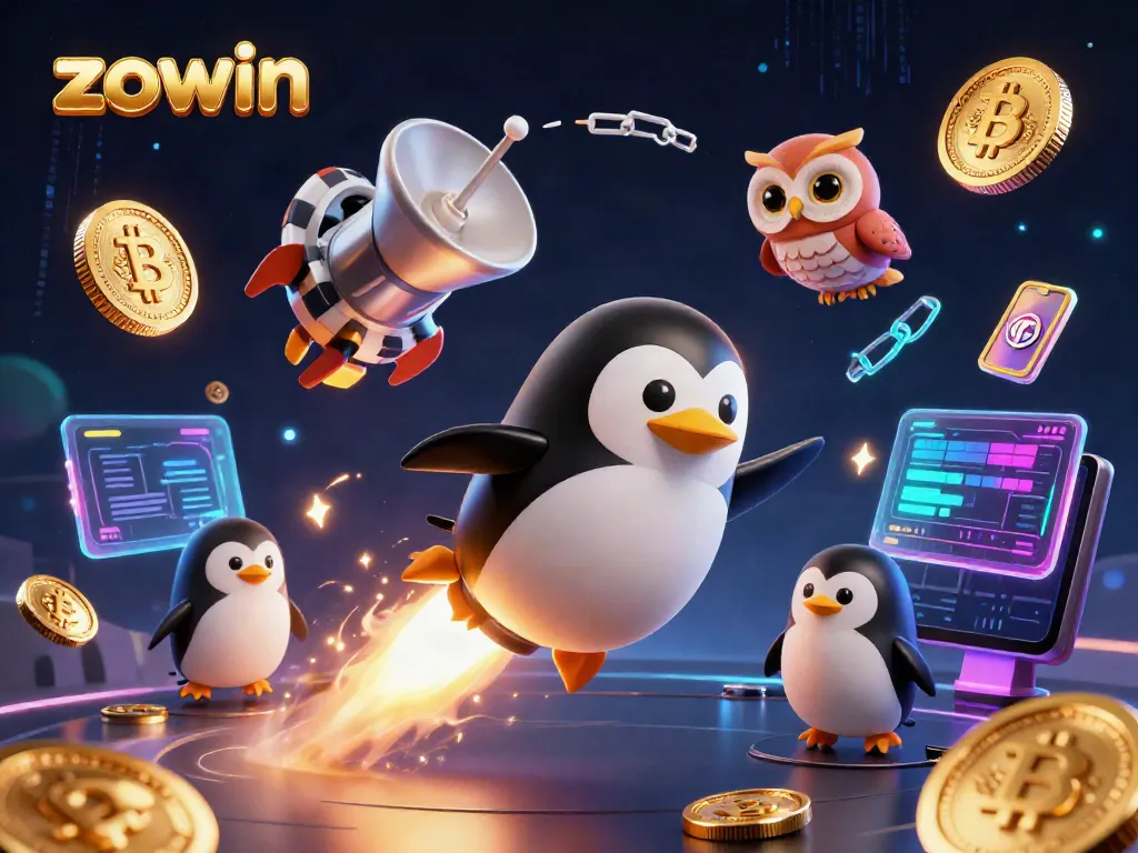 Play and win at ZOWIN as a golden penguin navigates a vibrant casino universe filled with crypto and luck.