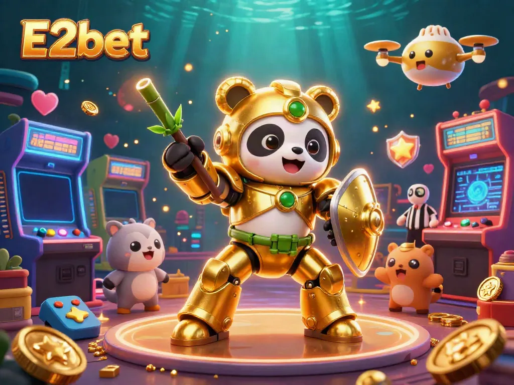 E2bet golden panda battles in a vibrant casino scene with arcade machines and cheering onlookers.