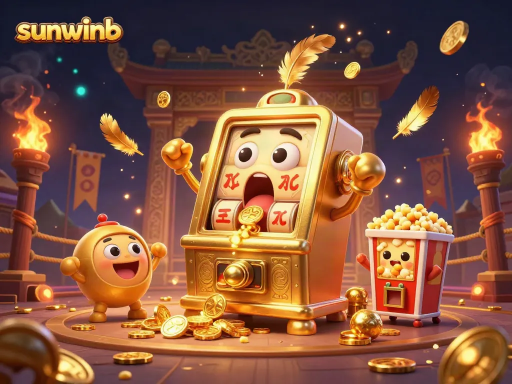 sunwinb jackpot celebration with a golden slot machine and cheering baby slots, surrounded by dynamic casino elements