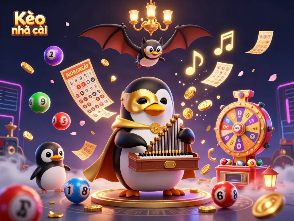 Experience the thrill of Kèo nhà cái with a vibrant 3D illustration featuring animated characters and casino elements.