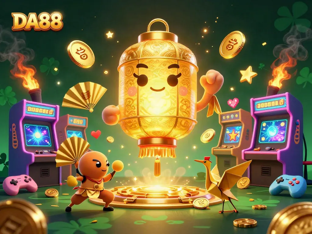Bet on DA88's vibrant 3D casino scene featuring golden lantern spirit and arcade games.