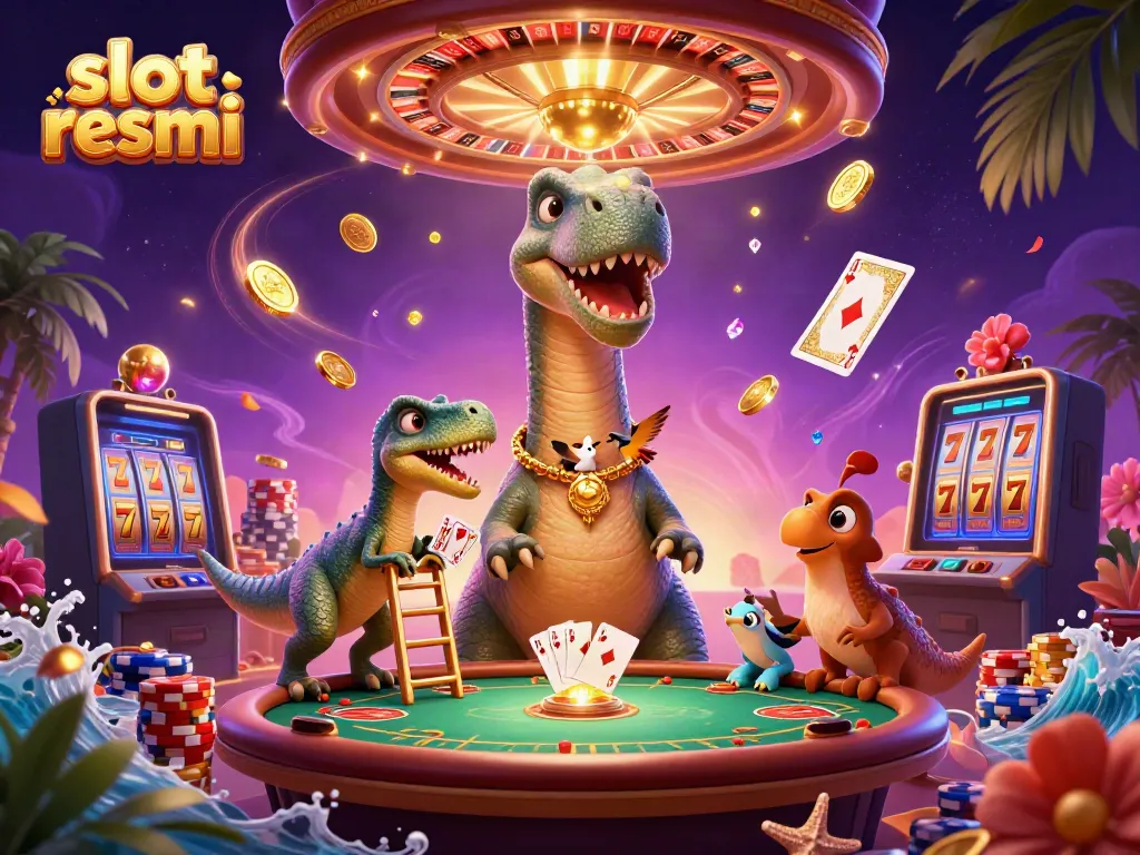 Experience the excitement of slot resmi with a playful cartoon dinosaur in this vibrant casino scene.