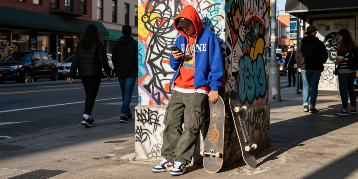 Vlone.co urban streetwear lifestyle featuring a fashionable individual in a distinctive Vlone hoodie and graphic tee.