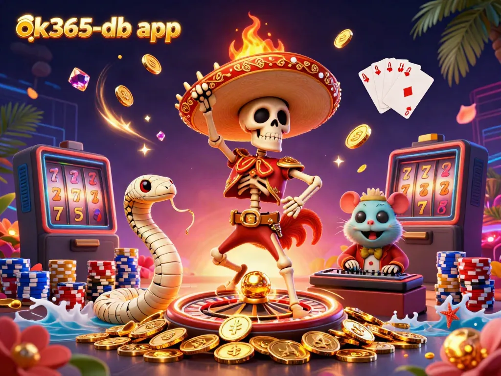 Engage with the excitement of the ok365-db app featuring cartoon characters celebrating casino victories among gold coins and vibrant game elements.