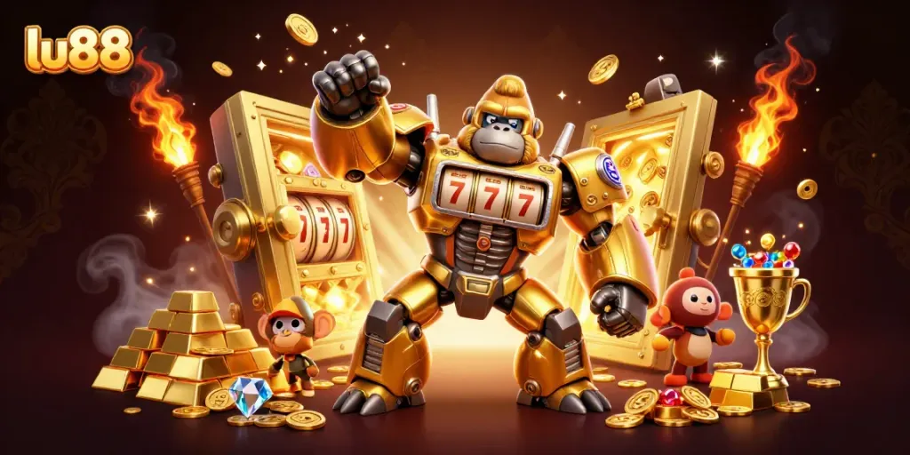 Experience the excitement of lu88 with a golden gorilla mech and treasures in this vibrant 3D scene.