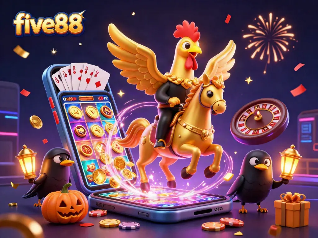 Experience exciting gameplay with five88 as the golden rooster animatedly challenges luck in a vibrant casino scene.