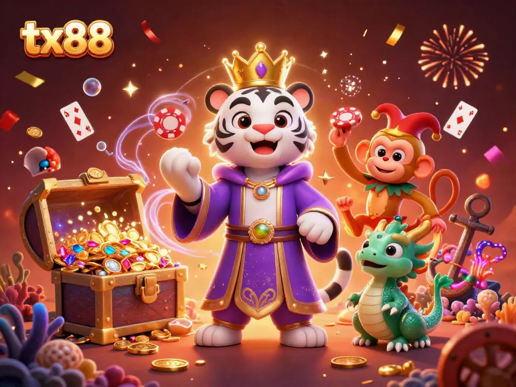 Engage with tx88 as the 3D tiger and monkey celebrate casino wins beside vibrant gaming elements.