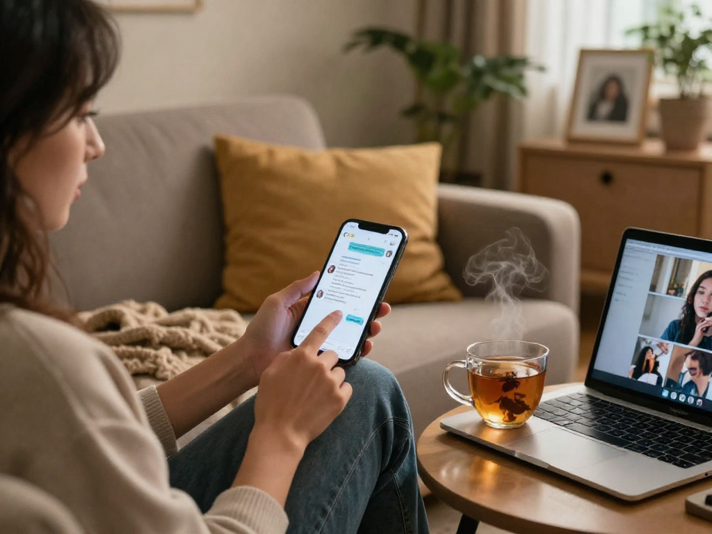 Engaging in sex ai chat on smartphone in cozy living room