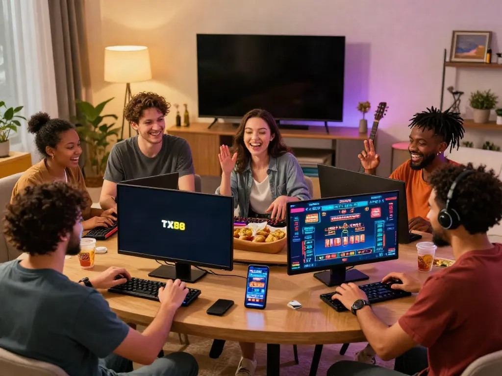 Friends joyfully playing games on TX88 platform at home.