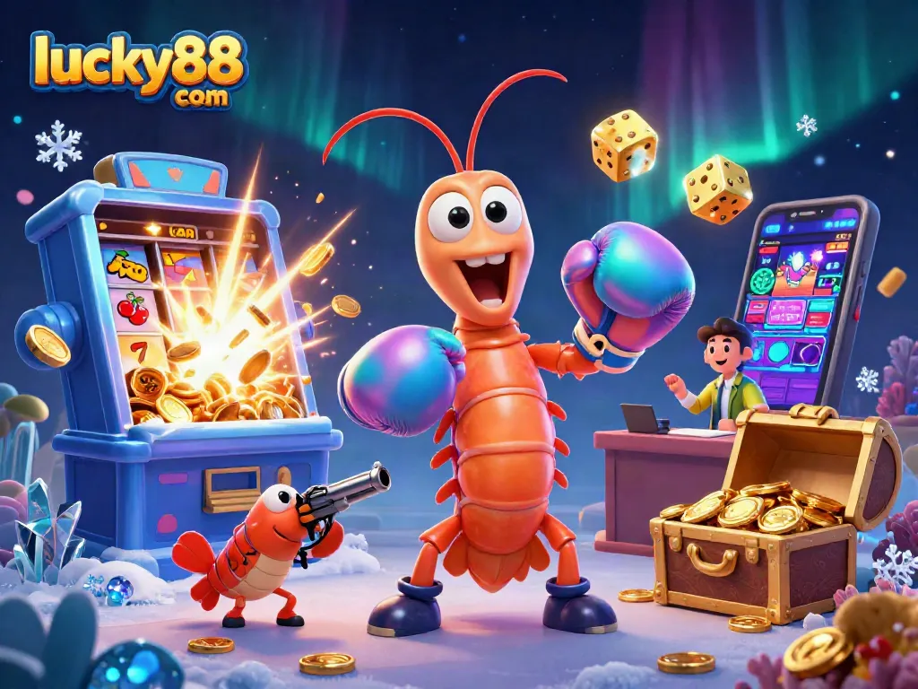 Spin to win with lucky88 com, a vibrant 3D illustration of a slot machine, shrimp characters, and casino action.