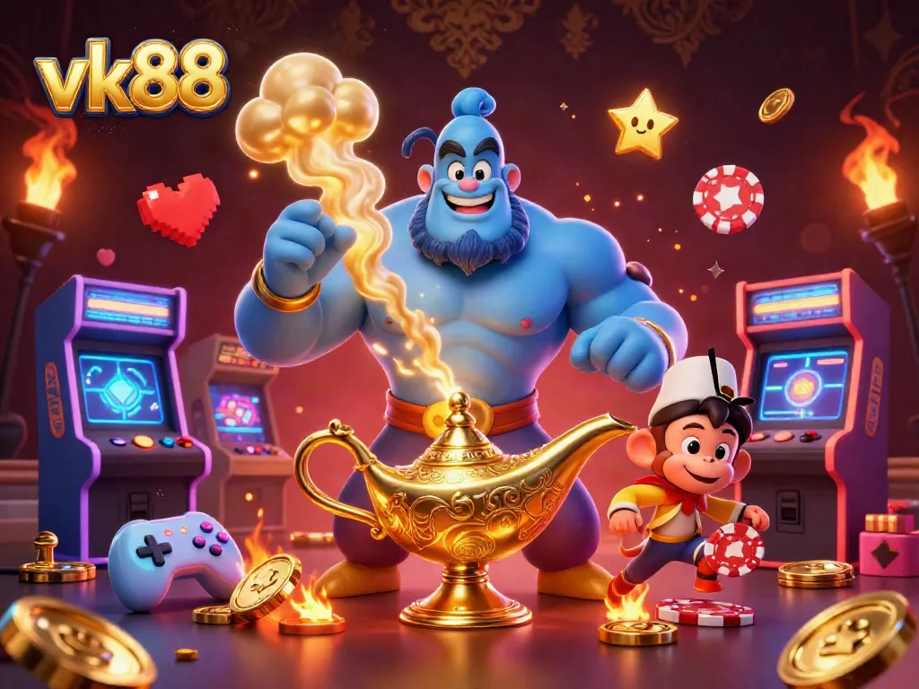 Experience vk88's magic with a lively casino scene featuring a genie, monkey, and poker chips.