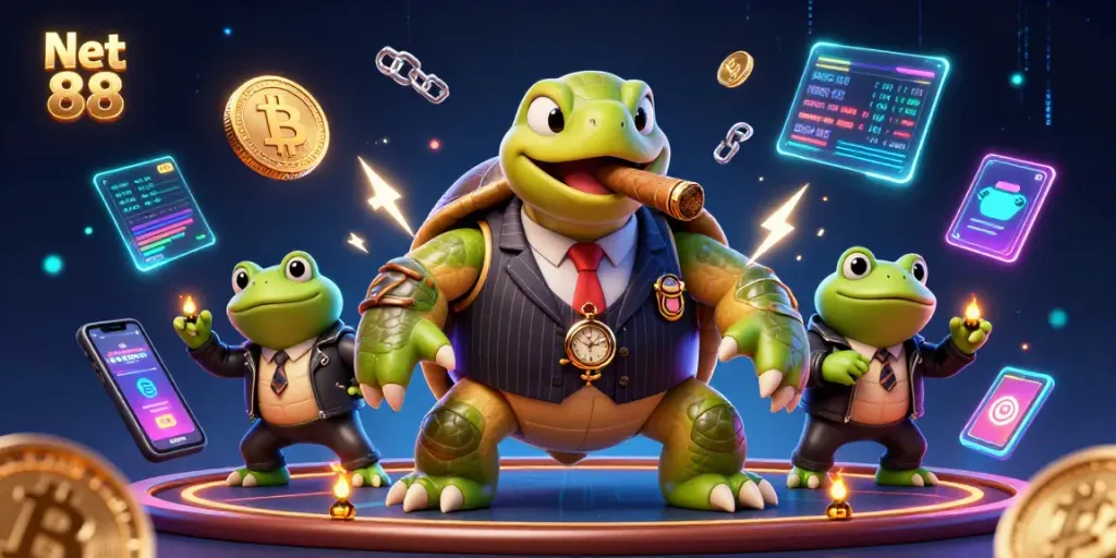 Experience the thrill of betting on Net 88 with dynamic cartoon characters amidst lively casino elements.