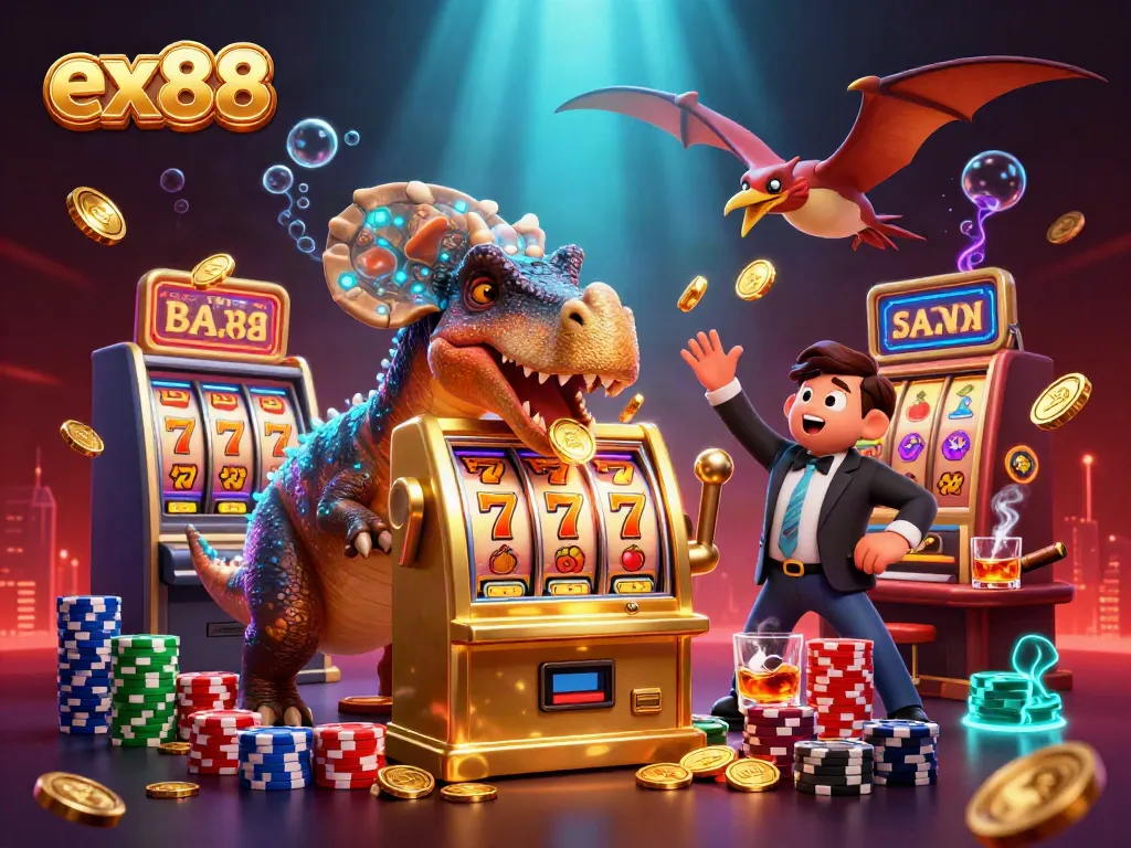 ex88 wins as a pachycephalosaurus hits the jackpot, surrounded by casino excitement.