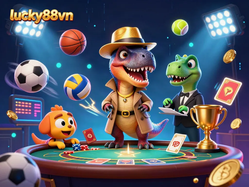 Watch lucky88vn's engaging gambling scene with a velociraptor counter and dynamic sports elements.