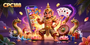 CPC188 showcases a vibrant 3D scene of cockfighting action with colorful slot games and treasure elements.