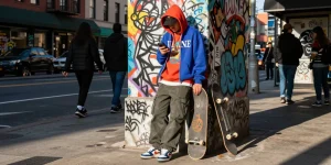 Vlone.co urban streetwear lifestyle featuring a fashionable individual in a distinctive Vlone hoodie and graphic tee.