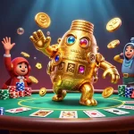 Engage in thrilling 68WIN gambling adventure with our 3D illustration of a golden golem and poker elements.