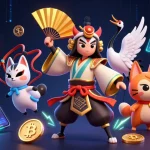 Win big with hi88 đăng nhập: A dynamic 3D illustration of a kabuki warrior and crypto elements.