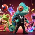 Activate warganet88's excitement with a vibrant casino scene featuring dynamic slot reels and colorful characters.