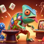 Engage with sky88's vibrant gaming scene featuring a chameleon casino owner and dynamic slot elements.