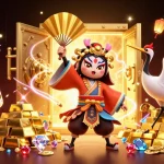 Experience thrilling action at 8x bet with a kabuki warrior and treasures in a vibrant casino scene.