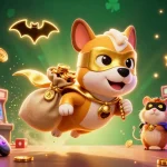 Engaging scene with nhà cái QS88 hero dog and hamster collecting gold coins amidst vibrant casino-themed elements.