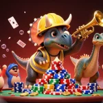 Building poker chip pyramids at the best real money casinos, featuring lively 3D characters celebrating in a vibrant casino scene.