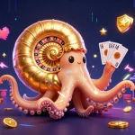 Kuwin players celebrate winning at a vibrant online casino featuring a giant nautilus roulette