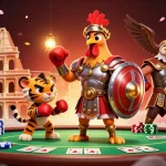 Engage with GK88's thrilling poker showdown featuring a gladiator rooster and boxing tiger.