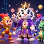 Engage with the vibrant gaming world of VIPWIN featuring an animated tiger, monkey, and jade dragon in a lively casino scene.