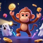 Experience the excitement of RR88 with a dynamic illustration showcasing a mischievous monkey and ghost-hunter puppy in a vibrant casino.